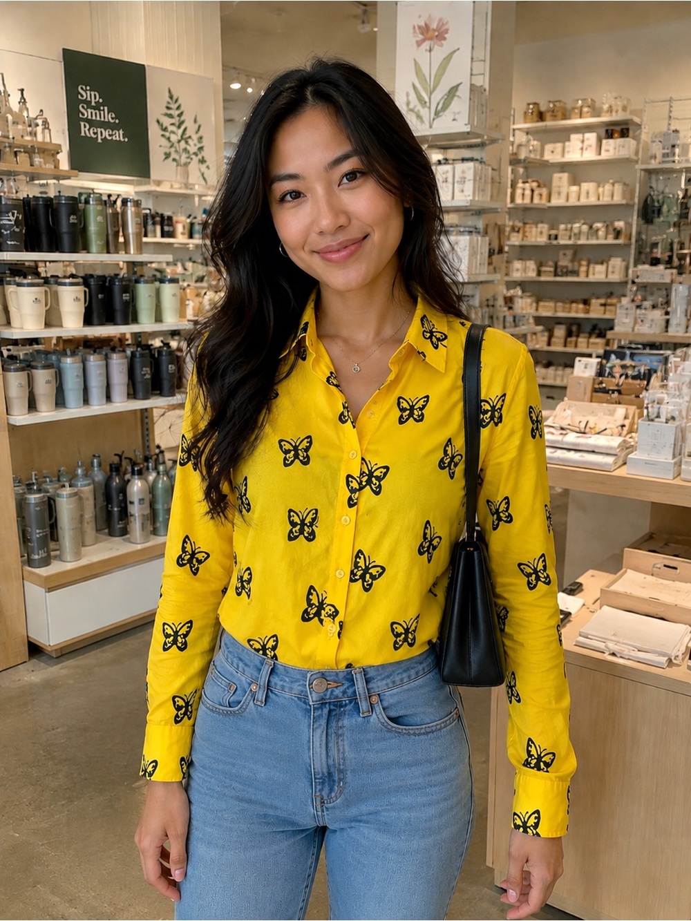 Yellow Butterfly Print Button-Down Shirt by CHICME